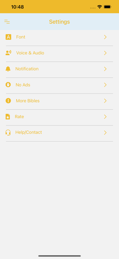 Settings menu with font audio and notification options in the Eastern Orthodox Bible app