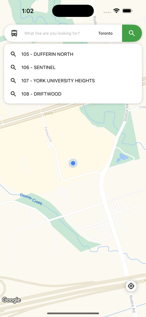 Interface of the Bus is Coming app showing a search for bus lines in Toronto on a map