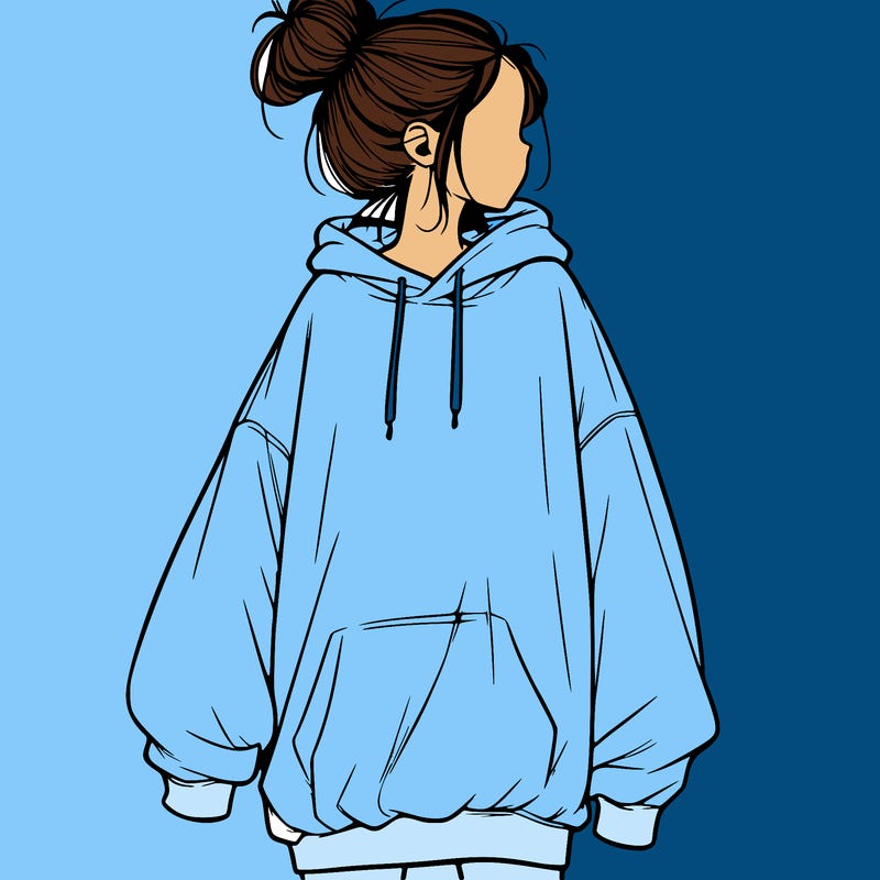 realistic girl with a oversized sweatshirt on and a bun