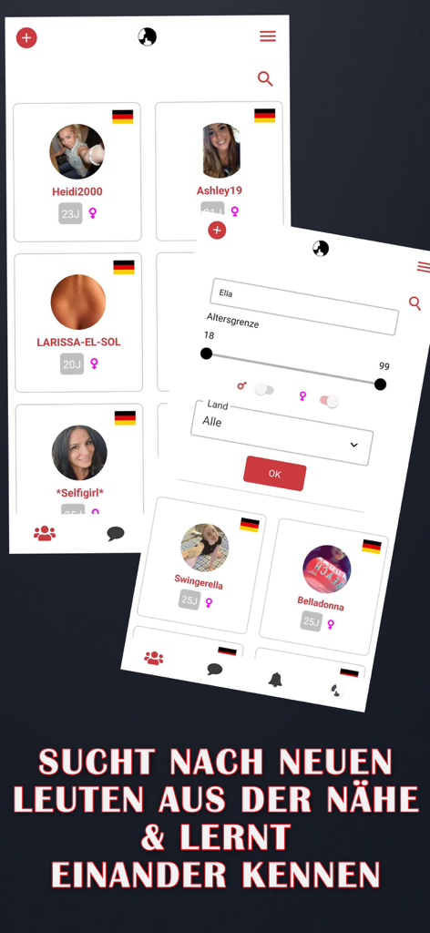 Pantalla de la aplicación Heimlich que muestra perfiles de usuario y ajustes de filtro de búsqueda por edad y género