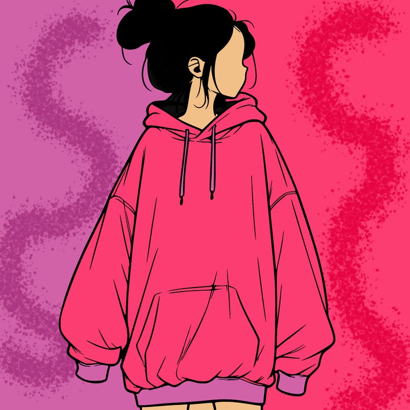 realistic girl with a oversized sweatshirt on and a bun