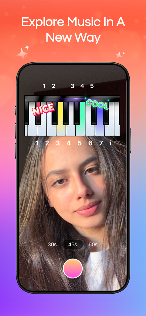 Melodic: Music Draw & Painter - Interface of Melodic app showing a user recording a video with a colorful piano overlay and live face-cam
