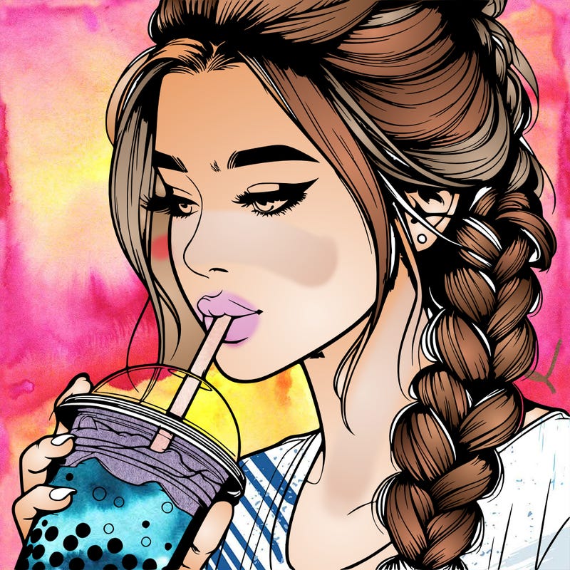 realistic girl drinking boba tea with braided hair