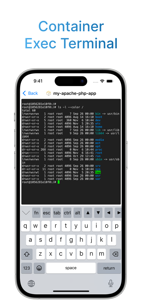 Aplicación Container Express mostrando una terminal de ejecución Docker en la pantalla de un iPhone con una lista de archivos y directorios.