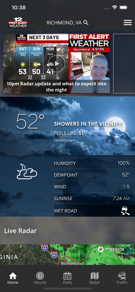WWBT First Alert Weather app interface showing current conditions and radar for Richmond Virginia