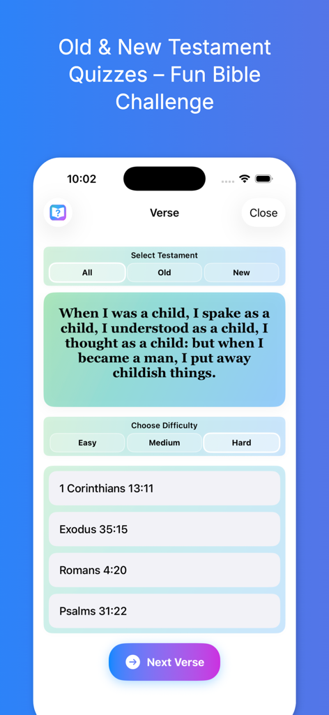 Holy Quiz & Study: iBibleVerse - Ein mobiler App-Bildschirm, der ein Bibelvers-Quiz mit Multiple-Choice-Optionen zur Identifizierung der Schriftquelle zeigt.