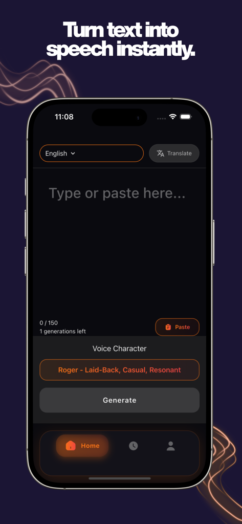Mobile interface of Revoicer AI app showing the text to speech conversion screen with voice selection and generate button