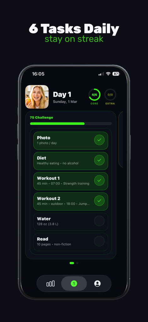 Pantalla de smartphone que muestra la aplicación Desafío de 75 Días con una lista de seis tareas diarias no negociables