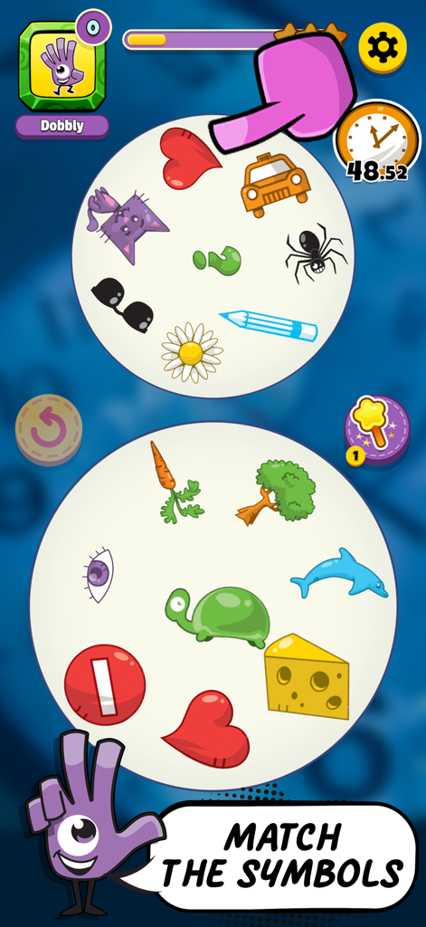 Gameplay di SPOT IT GO! che mostra due carte con icone e una mano che istruisce il giocatore ad abbinare i simboli.