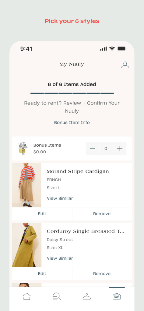 Nuuly - Interfaccia dell'app Nuuly che mostra un elenco di sei capi di abbigliamento selezionati per un noleggio in abbonamento mensile