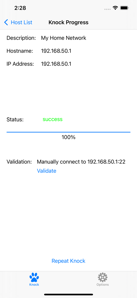 PortKnock - PortKnock app screen showing successful port knock sequence completion for a network host.