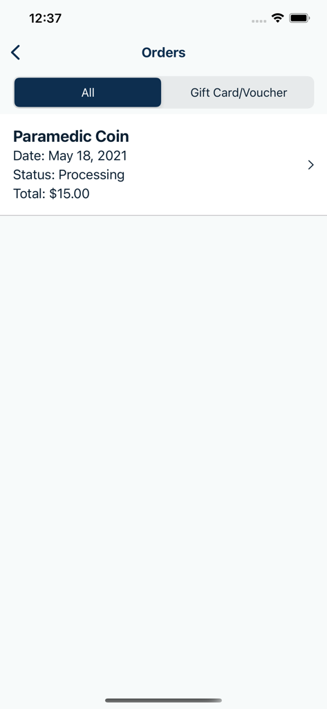 The orders history screen in the NREMT app showing a processing order for a Paramedic Coin