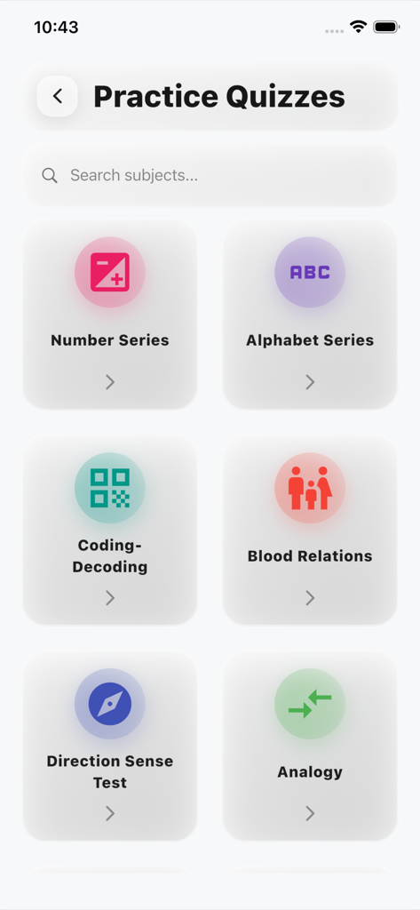 Dashboard of Logical Reasoning Test Pro showing practice quiz categories like number series and coding decoding