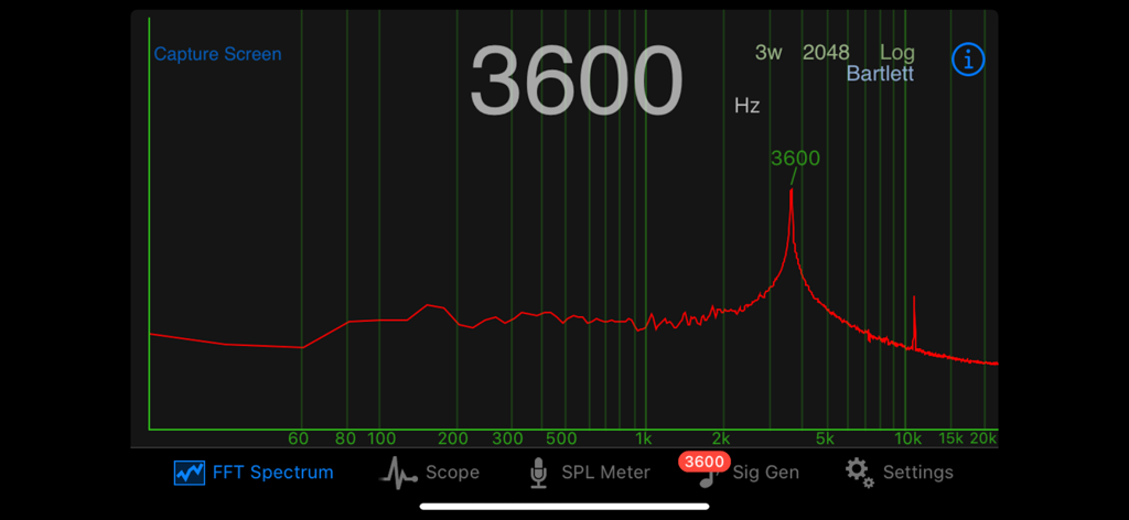 Audio Kit FFT Spectrum analyzer displaying a frequency peak at 3600 Hz on a logarithmic scale.