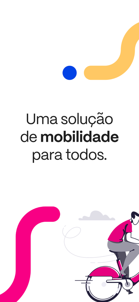 Tela de introdução do aplicativo Tembici mostrando uma ilustração de uma pessoa andando de bicicleta com o texto Uma solução de mobilidade para todos em português