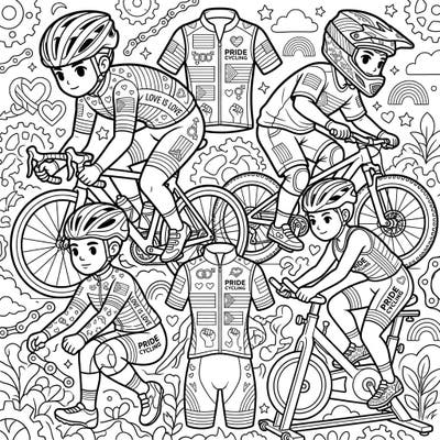 Gear up for a creative ride with this inspiring coloring page featuring diverse cycling activewear. Celebrate love, diversity, and the joy of cycling with every stroke of color, perfect for all ages.