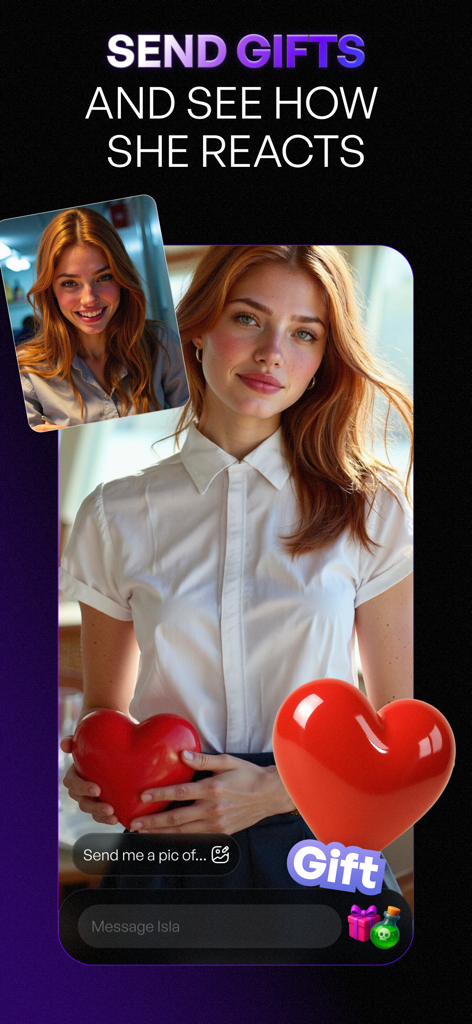 EVA: Chat with AI Girlfriend - Interface do aplicativo EVA AI Girlfriend mostrando o recurso de envio de presentes com um ícone de coração vermelho e uma personagem feminina de IA realista