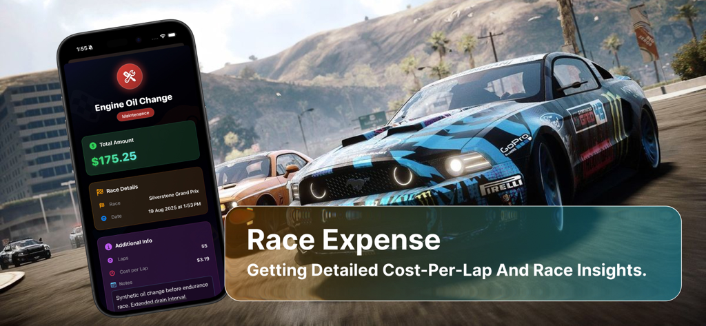 Unlimited Race Pro - A smartphone displaying the Unlimited Race Pro app showing the race expense tracker with maintenance costs for an engine oil change.