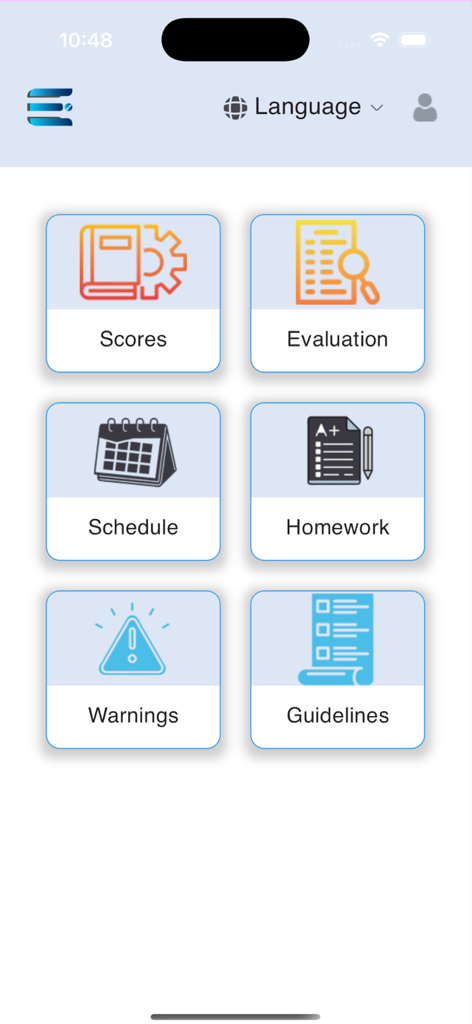Main interface of the e-Halsangandn educational app for Kurdish students and parents showing menu options for scores schedule and homework.