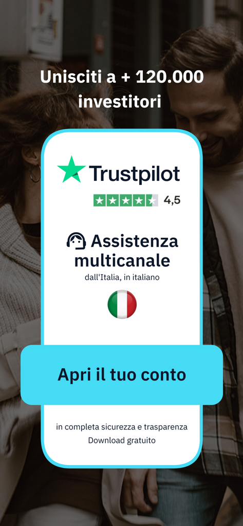 Schermata dell'app mobile Directa che mostra la sua valutazione di 4,5 stelle su Trustpilot e informazioni sul supporto clienti professionale in lingua italiana.