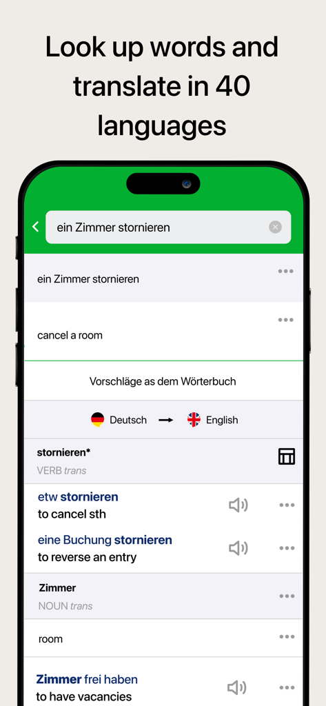 PONS app interface showing a German to English translation for the phrase ein Zimmer stornieren
