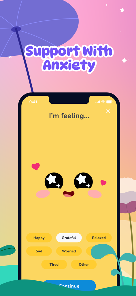 AI Companion Talking Pet - Emy - Emy AI companion app mood tracking screen with cute character and emotional support options