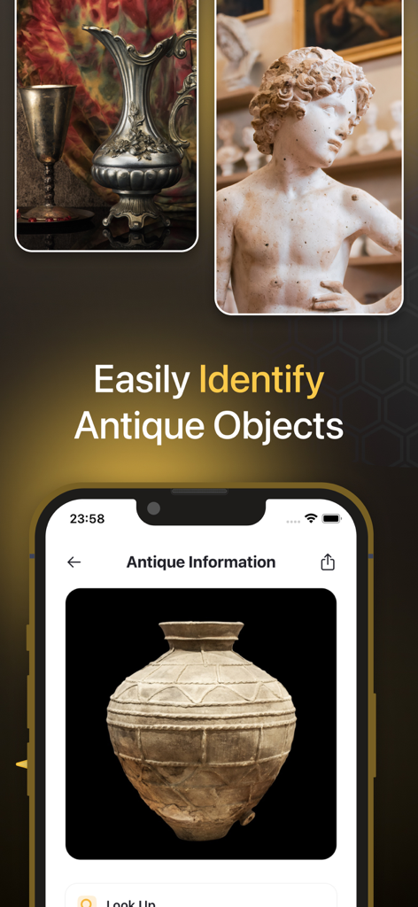 Antique Identifier AI app interface showing a silver ewer, a marble bust, and an ancient pottery jar.