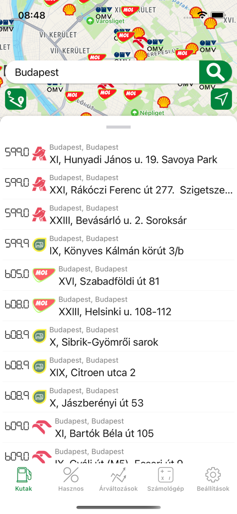 Benzinkút Árak - üzemanyagár - Benzinkut Arak mobile app interface showing a list of gas station fuel prices and a map in Budapest