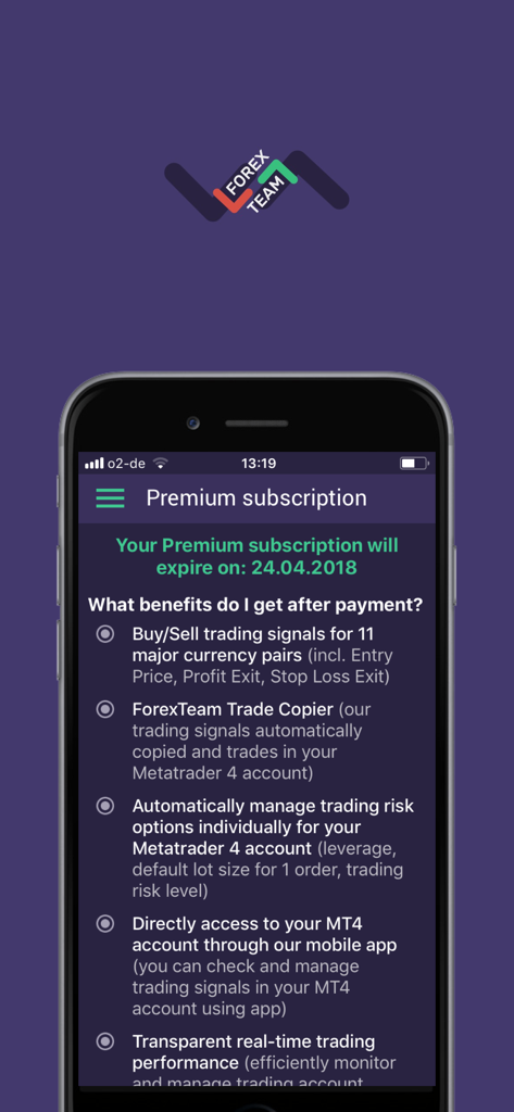 Forex Signals App Premium-Abonnement-Vorteile-Seite mit Handelssignalen und automatisierten Kopierfunktionen