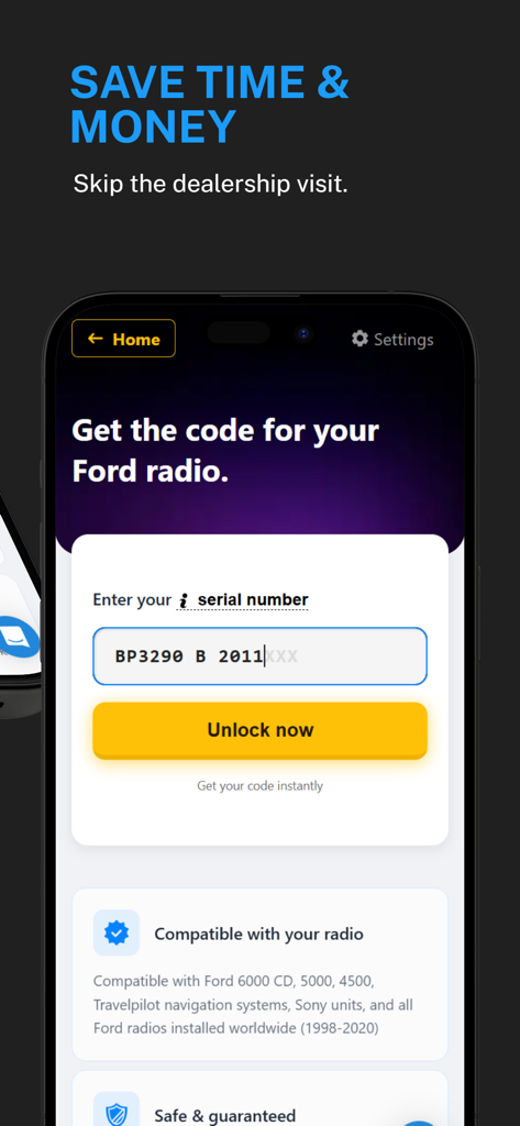 Mobile app screen for Radio Code Unlock showing an interface to enter a Ford radio serial number to get an instant unlock code