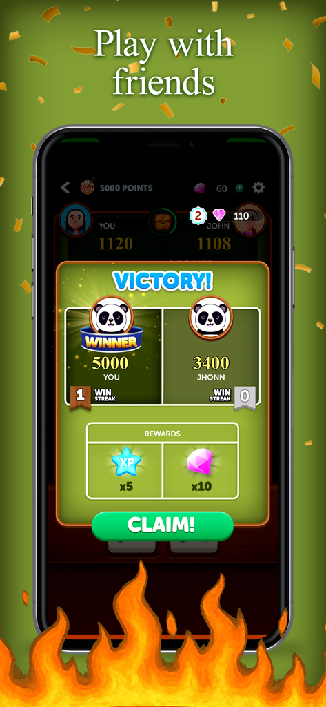 Victory screen in Hot Rolls Dice Strategy Game showing player scores and reward items