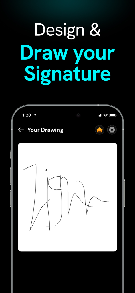 AI Signature Maker・Generator - Pantalla de smartphone mostrando la función de firma dibujada a mano en la app Zignn.