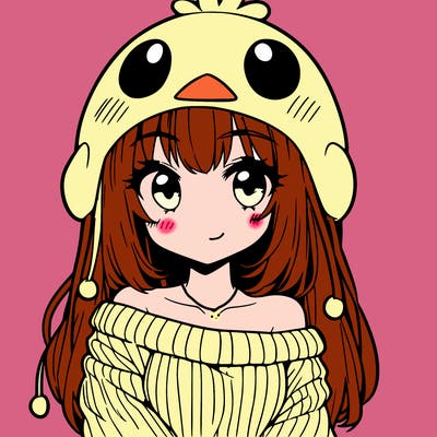 anime girl with chick shaped hat with sweater with bare shoulders with bangs covering them one eye with low tail