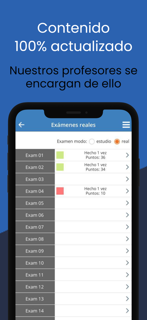 A list of driving exam simulations in the TodoTest app interface.