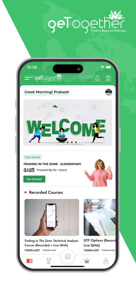 Painel do aplicativo GTF mostrando cursos de trading e análise técnica do mercado de ações