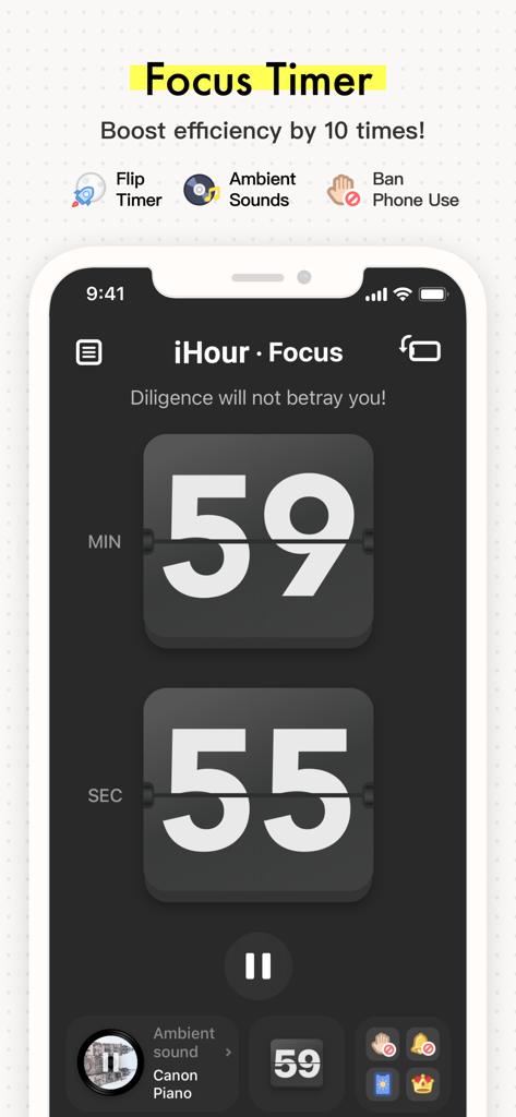 iHour - Focus Time Tracker - Interface de la minuterie de concentration iHour avec un compte à rebours à horloge flip et une sélection de sons d'ambiance