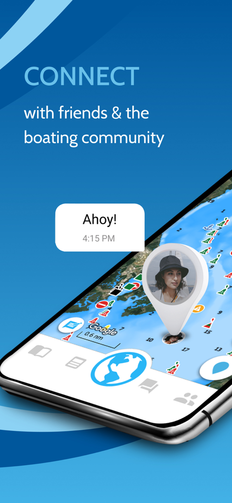 Argo boating navigation app interface showing social connectivity features on a marine map