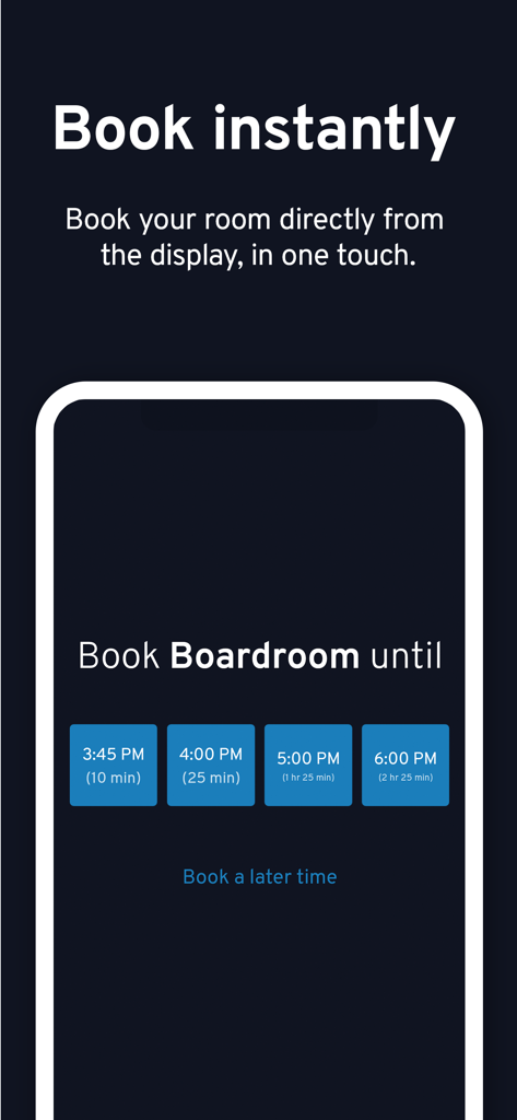 Dash - meeting room display - Oberfläche der Dash Besprechungsraum-Display-App, die Optionen für die sofortige Buchung von Konferenzräumen anzeigt