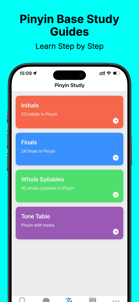 Pinyin study guides screen with initials, finals, and tone categories