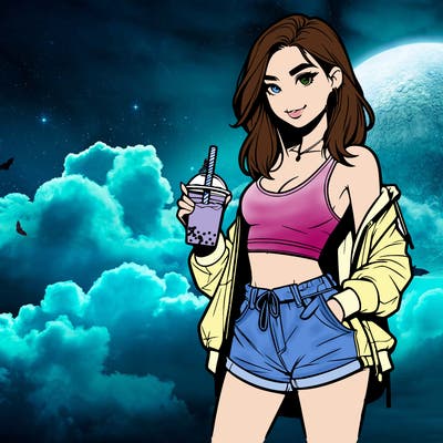 beautiful realistic girl wearing a crop top, a jacket, shorts, and converse sneakers. she is drinking boba!