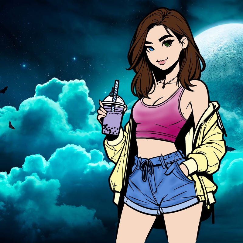 beautiful realistic girl wearing a crop top, a jacket, shorts, and converse sneakers. she is drinking boba!