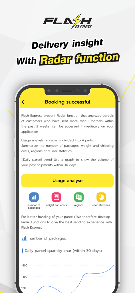 Flash Express app screenshot showing the Radar function for delivery insights and parcel usage analysis