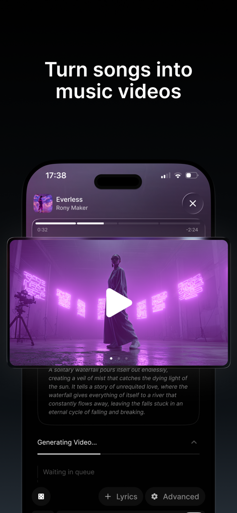 Mozart AI: AI Music Studio - Interfaz de la aplicación Mozart AI demostrando cómo convertir canciones en vídeos musicales generados por IA