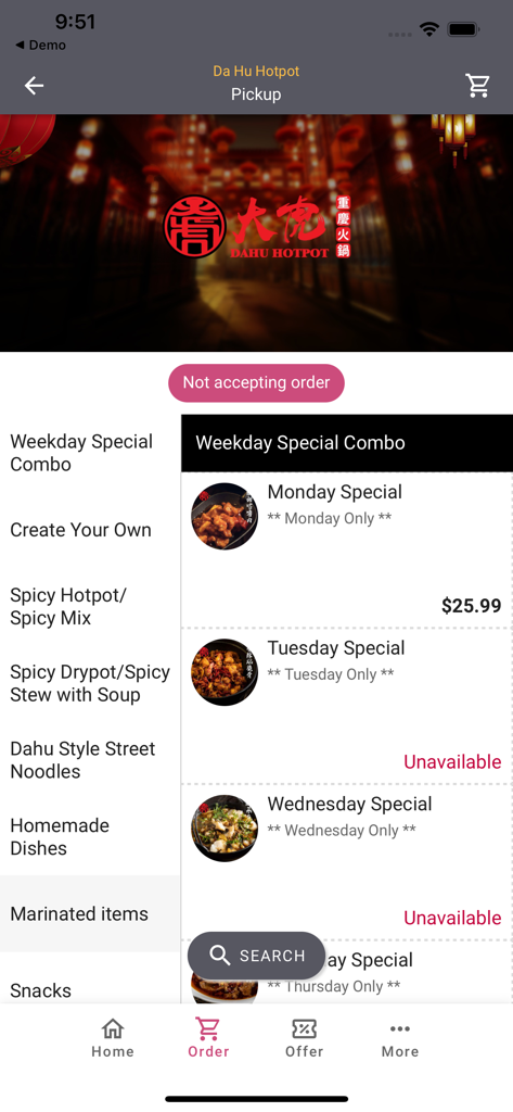 Da Hu Hotpot - Da Hu Hotpot app menu screen showing weekday specials and meal categories