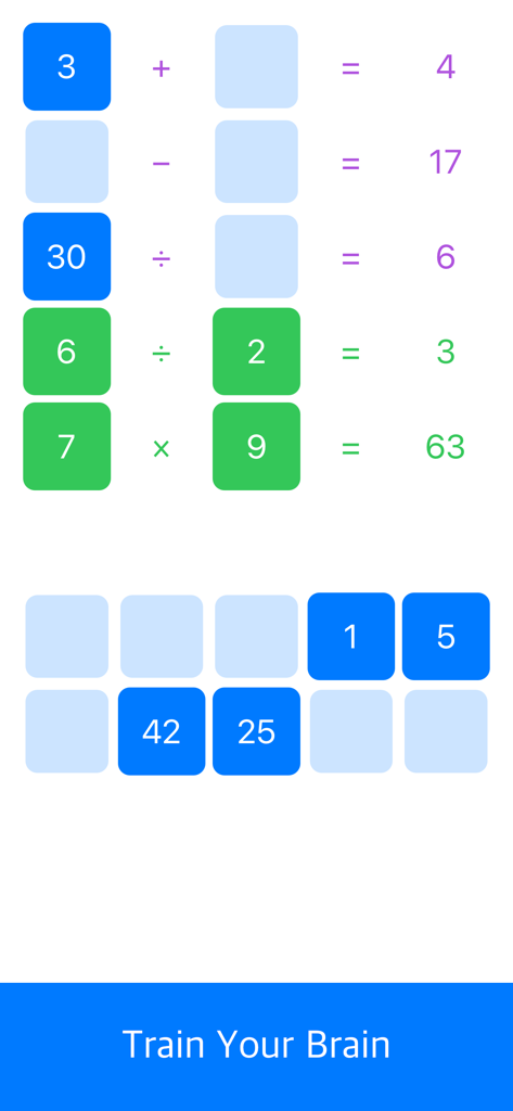 Math Games - Mental Arithmetic - Una pantalla de móvil que muestra acertijos de aritmética y ecuaciones para practicar el cálculo mental.