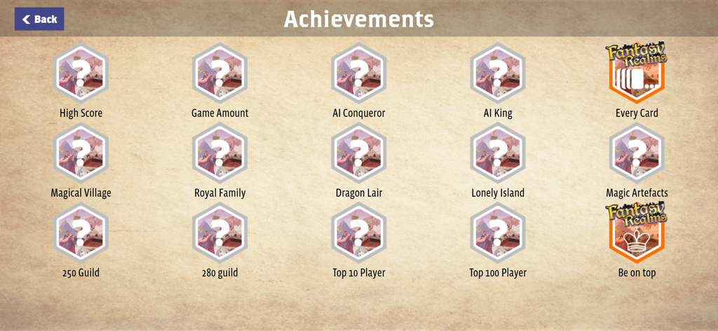 Fantasy Realms by WizKids - A menu showing a grid of various locked and unlocked player achievements in the Fantasy Realms digital board game.