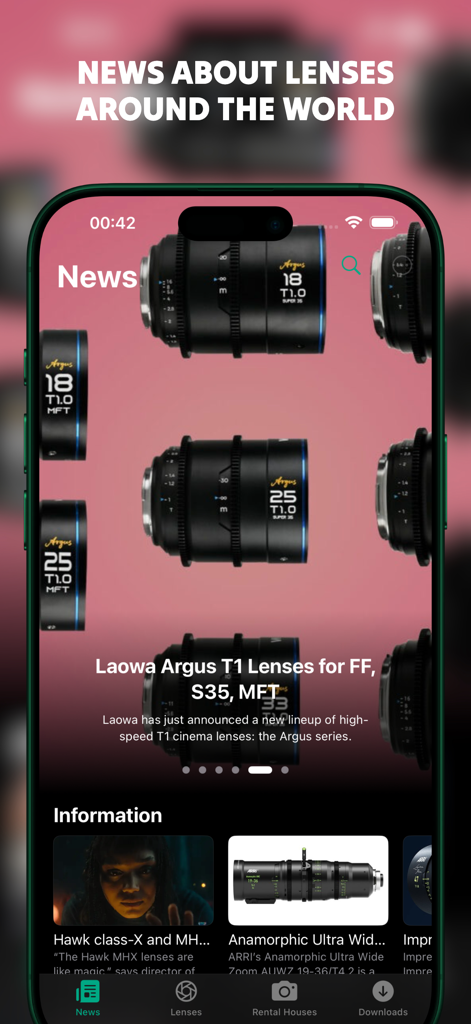Interface of the Lens Rental app showing the news section with articles about cinema lenses