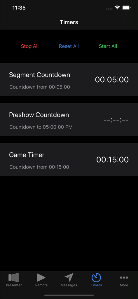 Pantalla de administración de temporizadores en la aplicación ProPresenter Remote Classic que muestra temporizadores de cuenta regresiva para el segmento y la reproducción del juego.