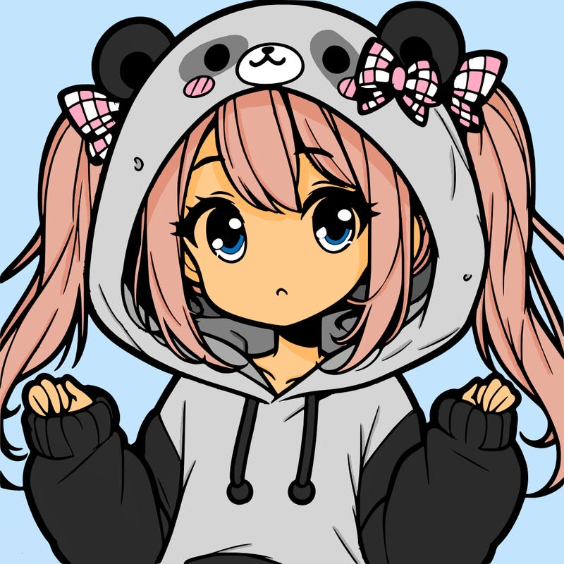 cute anime girl with ponytails and a cute bear hoodie