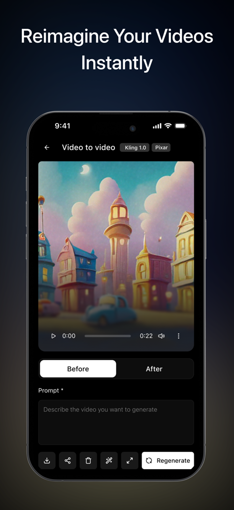 AI Video Maker - ChromaStudio - Interface of ChromaStudio app showing the AI video to video feature with a cinematic stylized landscape preview